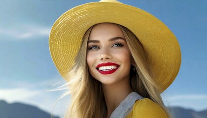 KI generated, A blonde woman with a hat as sun protection, 25, 30, years, straw hat