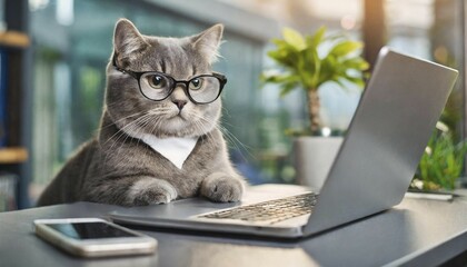 Fototapeta premium Symbol photo, a young cute cat with glasses, doing business with a laptop and a mobile phone, AI generated, AI generated