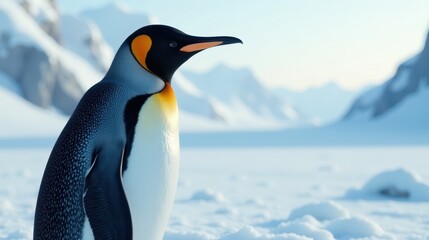 Fototapeta premium Majestic King Penguin in a Frosty Landscape, a Study in Contrasting Colors and Textures