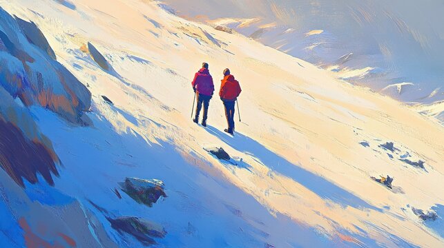 Two hikers in bright jackets trekking on a snowy mountain slope under a clear sky