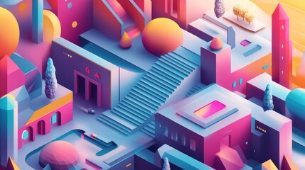 Fototapeta premium A colorful abstract cityscape featuring geometric buildings and stairs, showcasing a futuristic design with vibrant hues at sunset.