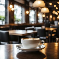 Fototapeta premium Inviting cafe interior with a coffee cup on a saucer, warm lighting, and a cozy atmosphere, AI generated
