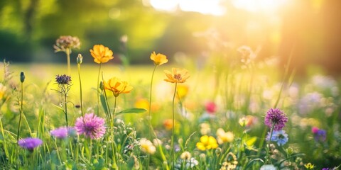 Breathtaking Meadow of Colorful Flowers Bathed in Gentle Sunlight ,  A Serene Outdoor Escape