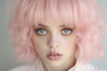 Portrait of young woman with large blue eyes and pastel pink hair. KI generiert, generiert, AI generated