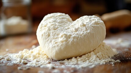 Fototapeta premium Heart-shaped dough with flour on wooden board.