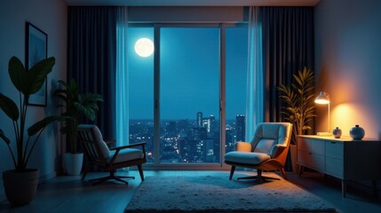 Serene Nighttime Apartment View with Full Moon and City Lights, Modern Furniture, and Indoor Plants