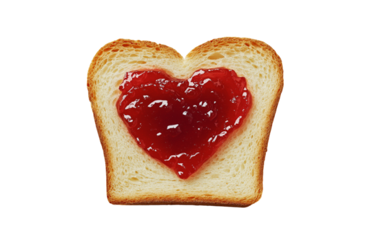 toasted slice of bread with heart shaped of strawberry jam isolated on png and transparent background Generative Ai.  - Powered by Adobe