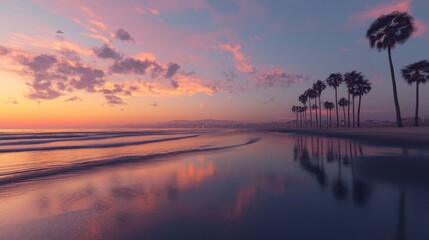 Serene sunset over palm-lined beach with reflective waters