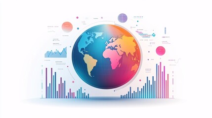 Abstract globe surrounded by financial charts and data points, futuristic infographic style on a light blue and white gradient background.