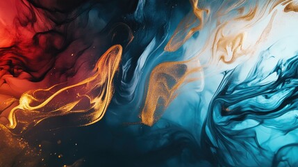 A radiant abstract art piece with flowing strokes of blue, red, and gold, bursting with energy and expressive creativity