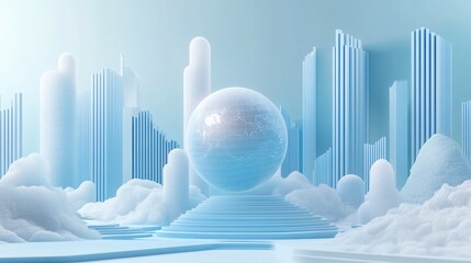 Digital infographic featuring a 3D globe, dynamic graphs, and statistical data overlays, set on a sleek light blue and white background.