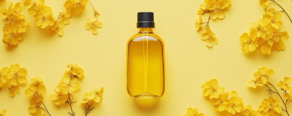 minimalist flat lay featuring sleek bottle of canola oil surrounded by vibrant yellow flowers on bright yellow background, creating cheerful and fresh atmosphere