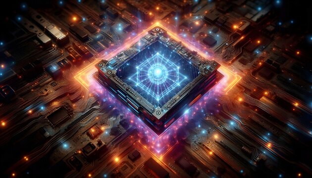 A glowing quantum processor with entangled particles, surrounded by futuristic circuits and neon lights, illustrating the power of quantum computing in data processing