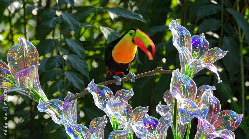 Poster a toucan surrounded by flowers made of translucent glass, set against a lush jungle background with 