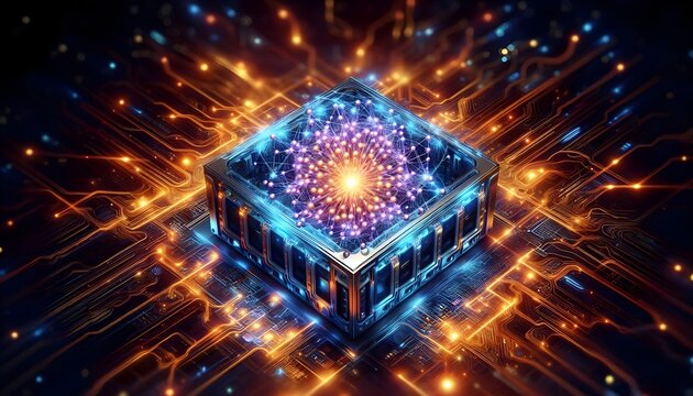 A glowing quantum processor with entangled particles, surrounded by futuristic circuits and neon lights, illustrating the power of quantum computing in data processing