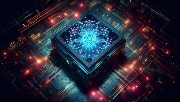 A glowing quantum processor with entangled particles, surrounded by futuristic circuits and neon lights, illustrating the power of quantum computing in data processing