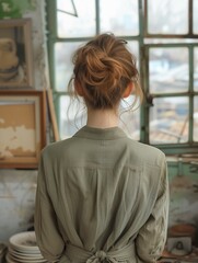 Young blonde woman from behind looking at a window, AI generated