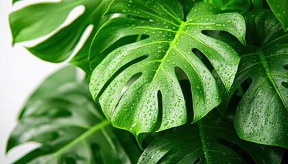 Detailed Close-up of Water Droplets on Lush Green Leaves During Active Transpiration A High-Resolution Image Showcasing the Natural Process of Water Evaporation from Plant Foliage, Illustrating