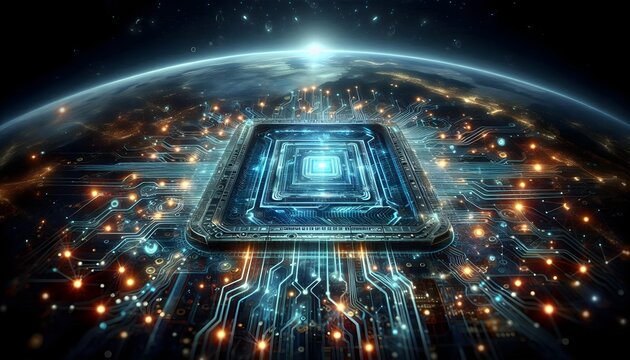 A conceptual illustration of a futuristic quantum circuit board with glowing pathways and a holographic interface, representing the next generation of computing technology