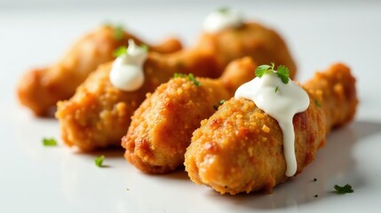 Crispy Breaded Chicken Drumsticks with Creamy Sauce and Fresh Herbs Garnish