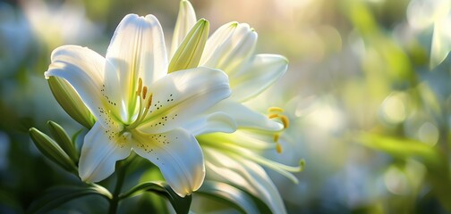Fototapeta premium Blooming Easter lilies with soft white petals and a yellow center, bathed in gentle sunlight, AI generated