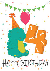 Vector image of a Happy Birthday greeting card. Dinosaur in a party hat with a balloon. Ideal for birthday cards and children's designs.