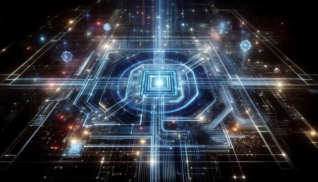 A conceptual illustration of a futuristic quantum circuit board with glowing pathways and a holographic interface, representing the next generation of computing technology