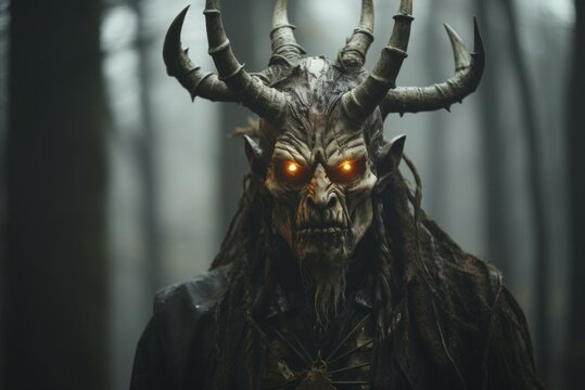 Fictitious Krampus figure, fantasy character, Perchten run, Krampus run, Krampus mask, devil, tradition, horns, glowing eyes, AI generated