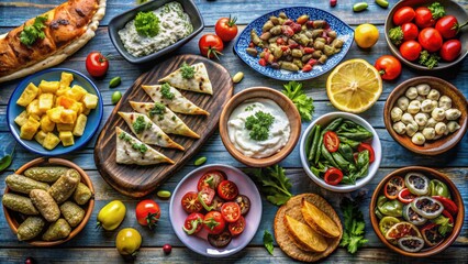 Fototapeta premium Vibrant food spread featuring fresh ingredients rustic kitchen culinary aerial view