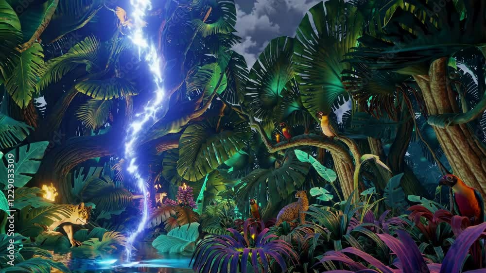 Poster a surreal jungle landscape with a glowing river that seems to flow upward into the sky, surrounded b
