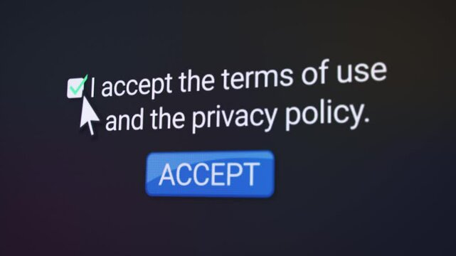 Video animation of a website with the terms of use and privacy policy and the button for accept and a checkbox for confirmation.