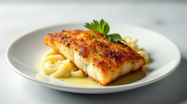 A Pan-Seared Fish Fillet with a Crispy Crust Served on a Bed of Creamy Pasta