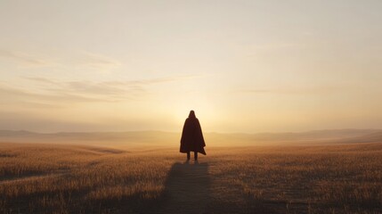 Obraz premium Solitary figure in a red cloak silhouetted against a sunrise over a vast, misty field.