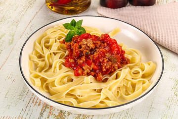 Italian pasta linguine Bolognese with meat