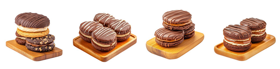 Chocolate cookie sandwiches on a wooden tray, isolated on a white background. set cutout png.