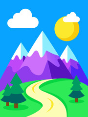 Mountain landscape with trees, sky, and a sunny meadow scene