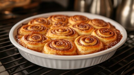 Golden-brown cinnamon rolls in a white baking dish, freshly baked.