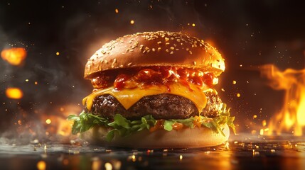Juicy Cheeseburger with Melted Cheese and Fiery Background