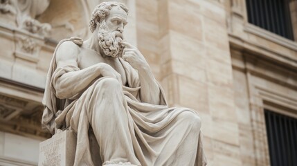 Stone statue of a seated, bearded man in pensive pose, outdoors.