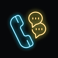 Glowing neon icon of a phone handset with speech bubbles, representing communication and conversation
