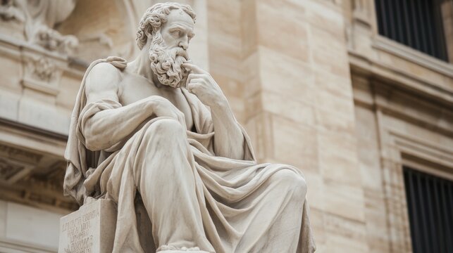 Stone statue of a seated, bearded man in pensive pose, outdoors.