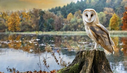 AI generated, A barn owl resting on a tree stump in front of a lake, autumn landscape, (Tyto alba)