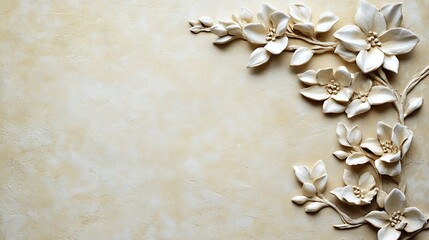 Elegant White Floral Relief Design on Beige Background