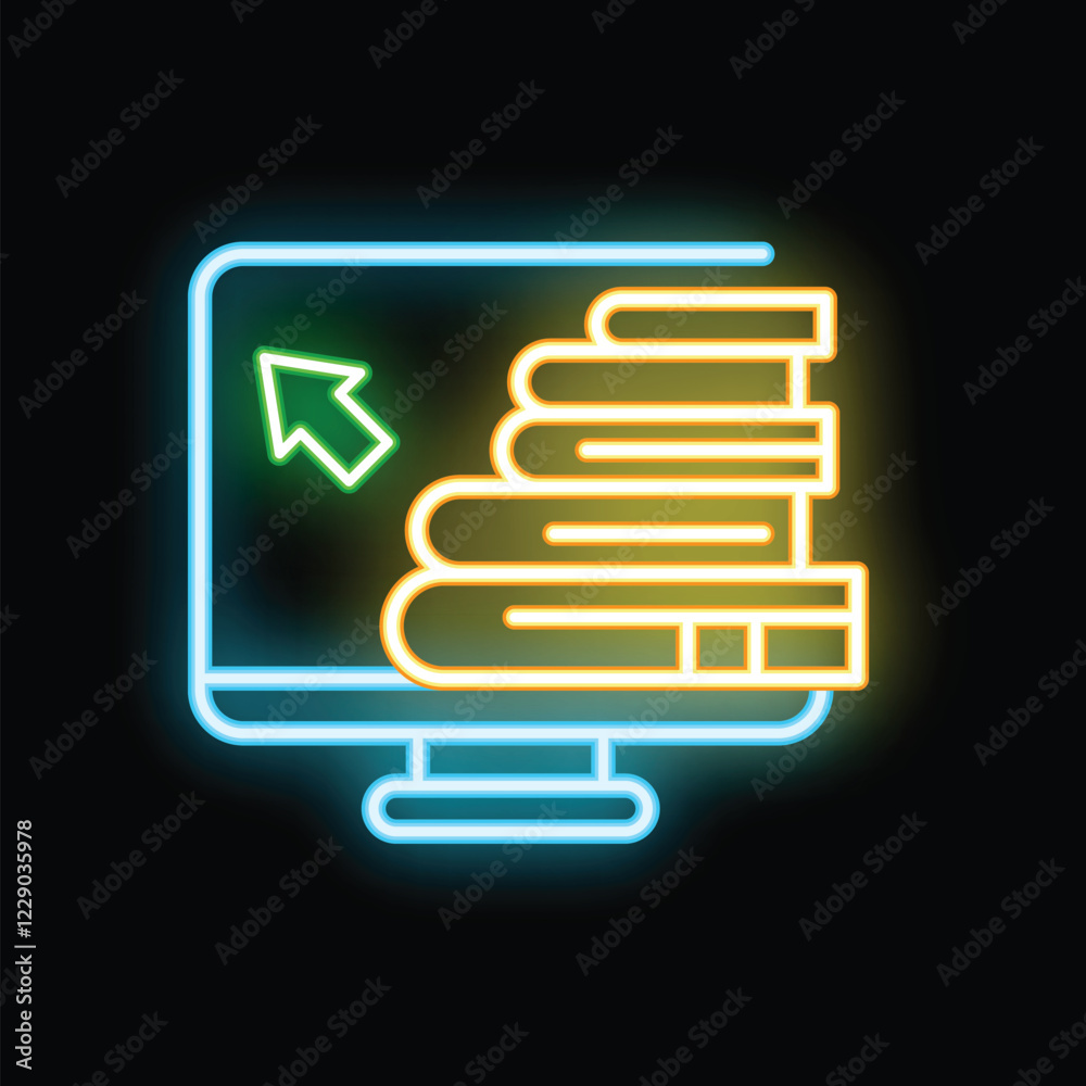 Poster neon sign depicting a computer monitor with a stack of books and a cursor, symbolizing online learni