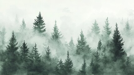 A tranquil forest scene with evergreen trees shrouded in mist, evoking a sense of mystery and calm.