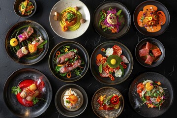 Colorful and elegantly plated assorted dishes showcasing fine dining and gastronomy, AI generated