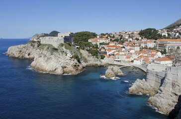 View from the city wall to Fort Lovrijenac and historic centre, Dubrovnik, Croatia, Europe
