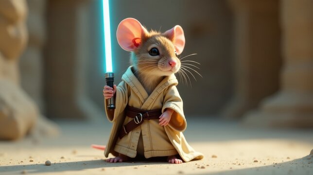 A tiny rodent, clad in a light beige robe, confidently wields a luminous blue lightsaber, standing majestically on sunlit sand.
