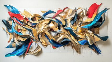 Abstract artwork with dynamic brushstrokes in shades of gold, blue, and red, creating an energetic and vibrant composition