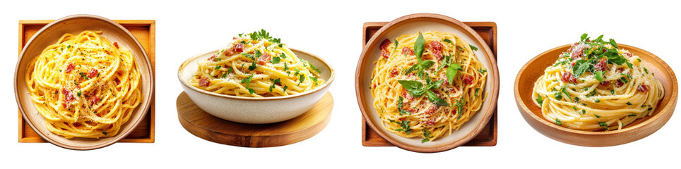 Spaghetti carbonara served on a rustic plate on a wooden tray, isolated on a white background. set cutout png.